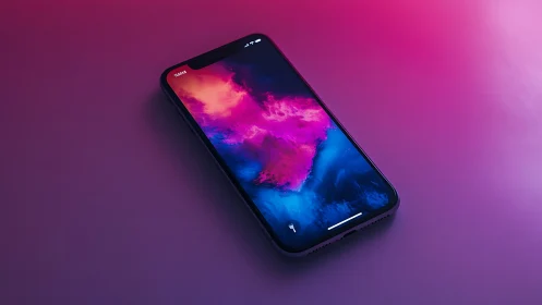 Glowing smartphone resting in dreamy neon gradient light.
