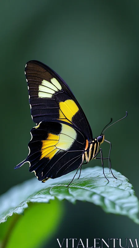 Macro study of black and yellow butterfly on leaf plane.