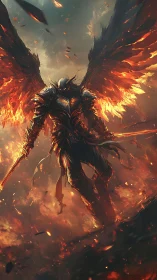 Armored winged warrior with flaming sword in firestorm.