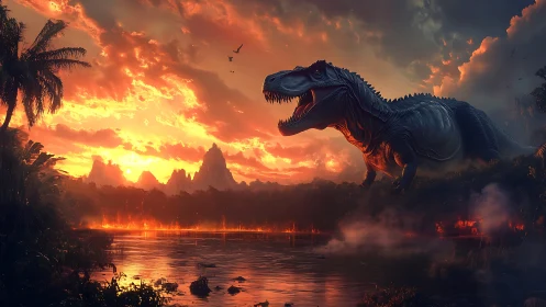 Roaring T‑Rex dominates a fiery prehistoric sunset jungle