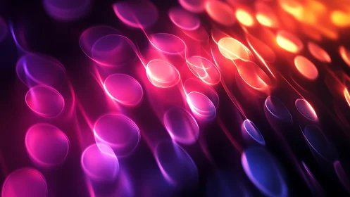 Glowing neon bokeh orbs stream across dark abstract surface