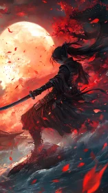 Bloodred moonlit ronin carving fire across storm tides.