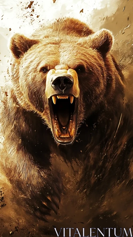Roaring grizzly bear charging forward in a burst of power.