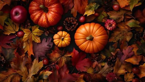 Cozy autumn pumpkins nestled among colorful fall leaves.