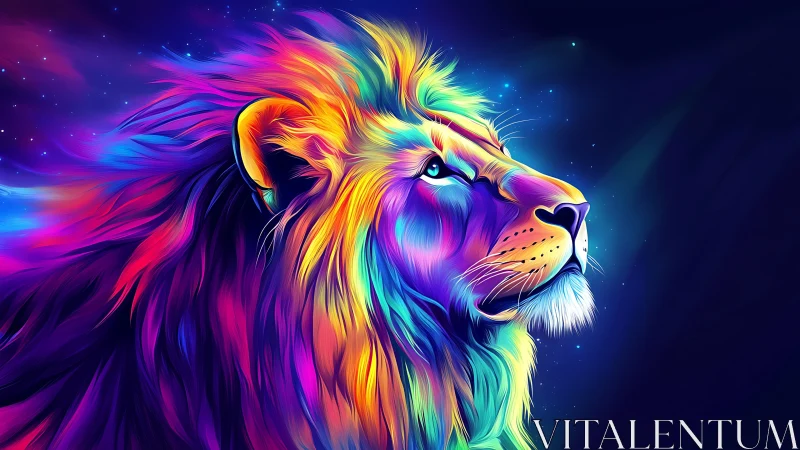 Vibrant cosmic lion gazing into a dreamy neon night sky.