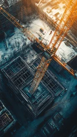 Construction Site Aerial: Golden Crane Over Concrete Frame