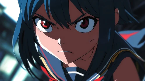 Intense anime heroine close-up with dynamic lighting focus.