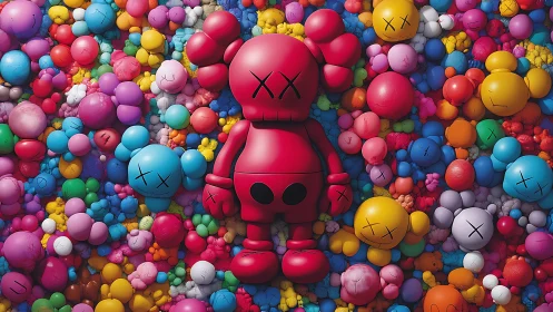 Pop vinyl character amid dense multicolor bubble field.