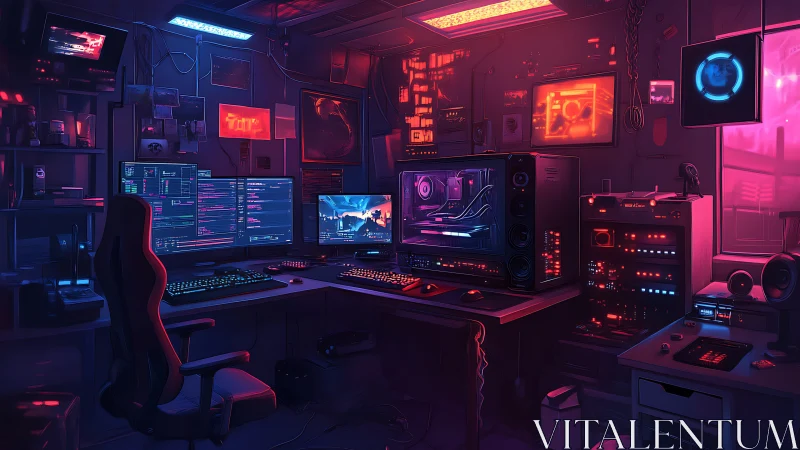 Dual monitor workstation in neon lit tech cluttered room.