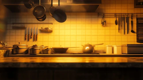 Professional kitchen counter under warm evening light.