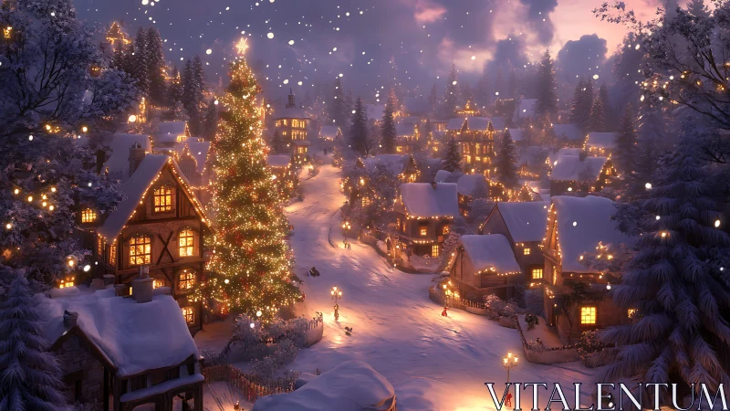 Snowy village glows with festive Christmas lights at dusk.