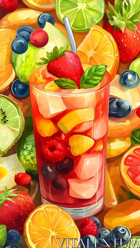Digital painting of layered fruit cocktail with vibrant garnish.