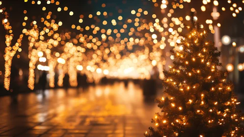 Street scene displays decorated tree and defocused string lights