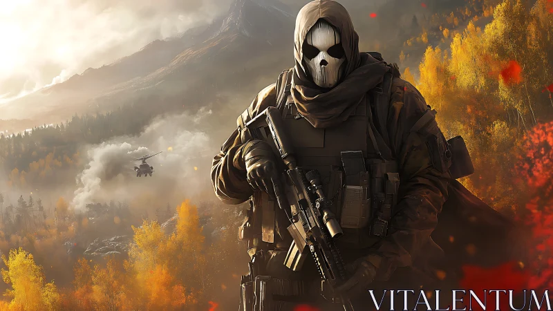 Masked tactical soldier stands armed in autumn forest valley