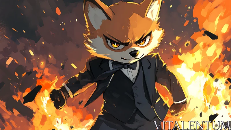 Determined fox in suit strides through blazing explosion.