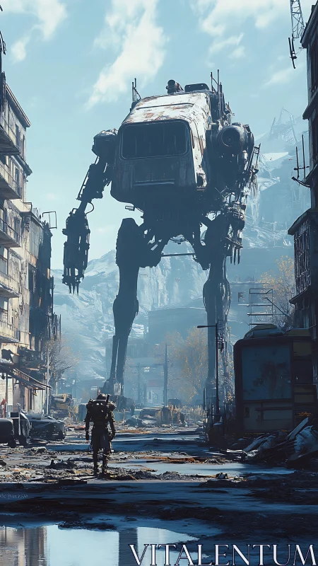 Postapocalyptic city street dominated by giant war mech
