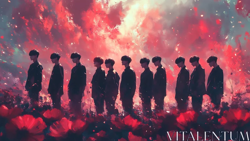 Silhouetted youths stand in poppy field under blazing sky