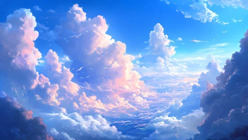 Luminous cloudscape under radiant blue sky at sunrise.