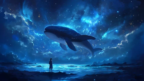 Starlit cosmic whale drifts above a dreaming ocean wanderer