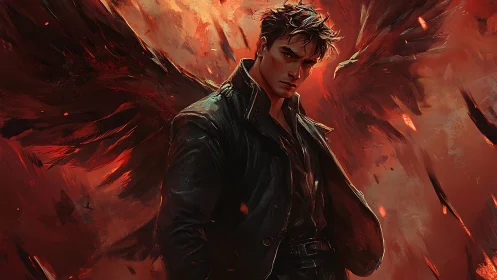 Fallen guardian in ember-lit sky, brooding yet unbroken.