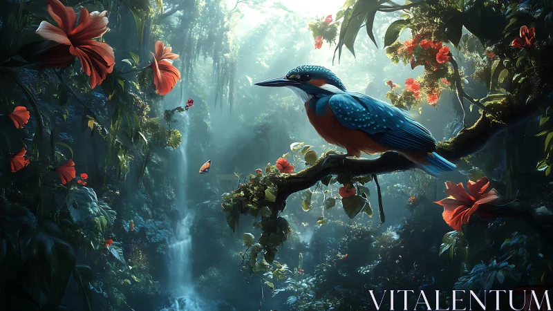 Iridescent kingfisher in volumetric-lit rainforest cascade.