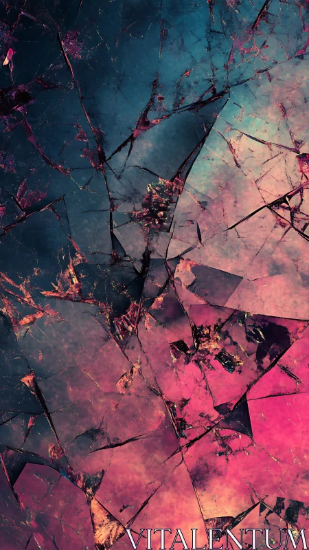 Shattered abstract glass pattern in teal and pink tones.