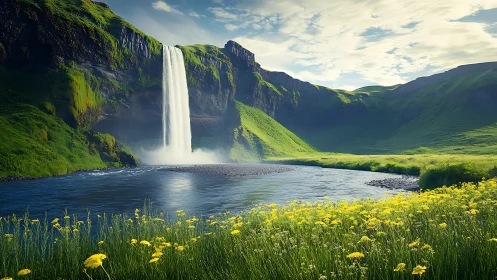Tall waterfall over green cliffs above calm river valley.