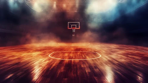 Dramatically lit basketball court waits in smoky arena glow.