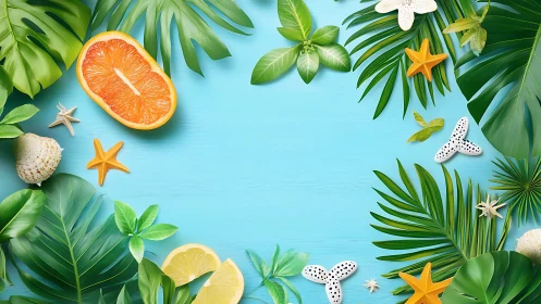 Tropical leaves and citrus frame a bright summer backdrop