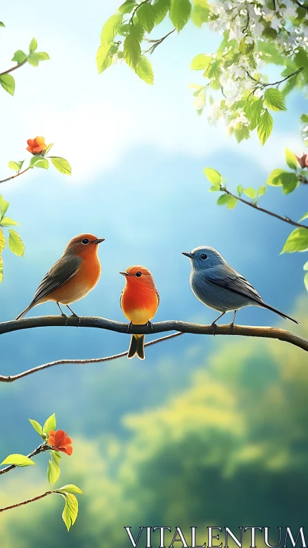 Colorful songbirds share a tranquil moment on a spring branch