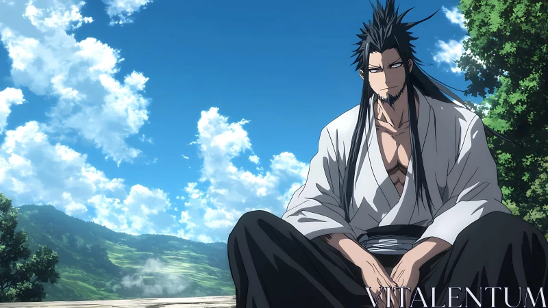 Anime warrior portrait in rural landscape wide-shot framing.