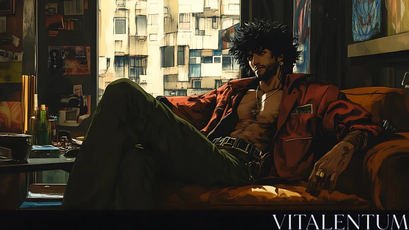 Shirtless man reclines on orange sofa in urban apartment