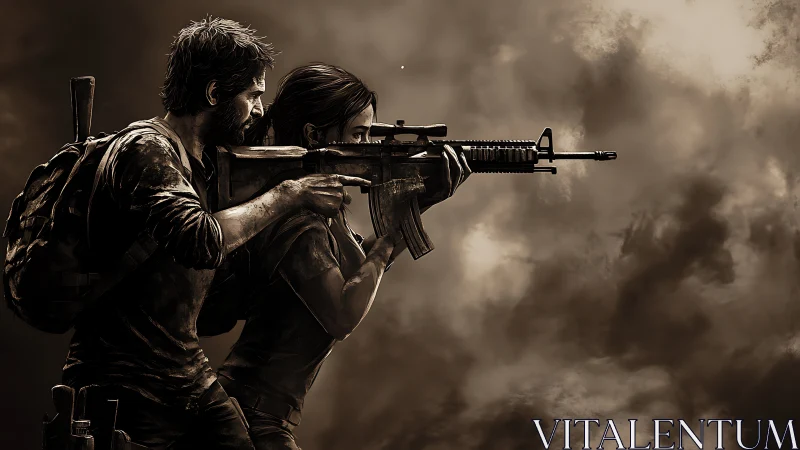 Weathered survivors stand together, sharing fierce resolve.