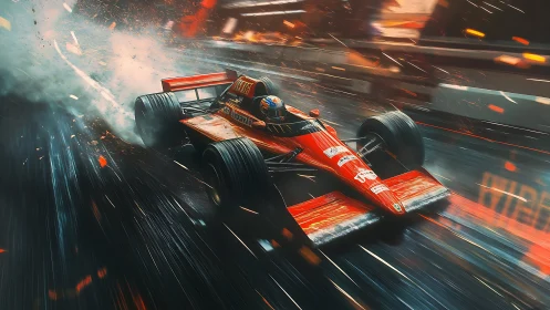 Red formula race car speeding through wet track at night.