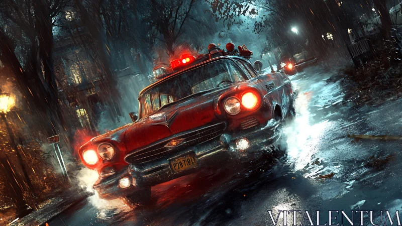 Vintage red emergency car races through stormy night streets.