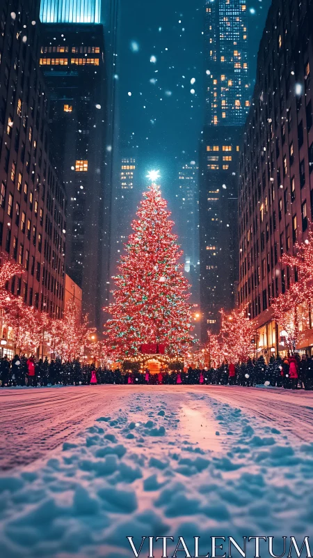 Snow-dusted city boulevard crowns its glowing Christmas heart