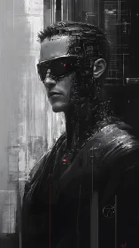 Cybernetic operative portrait in monochrome glitch aesthetic.