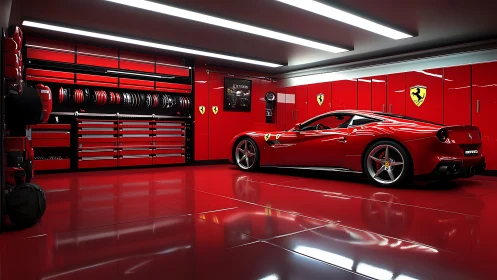 Red sports coupe parked in organized high-gloss garage space