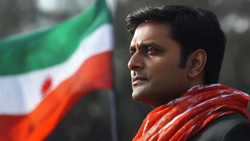 Man stands in profile outdoors with tricolor flag behind