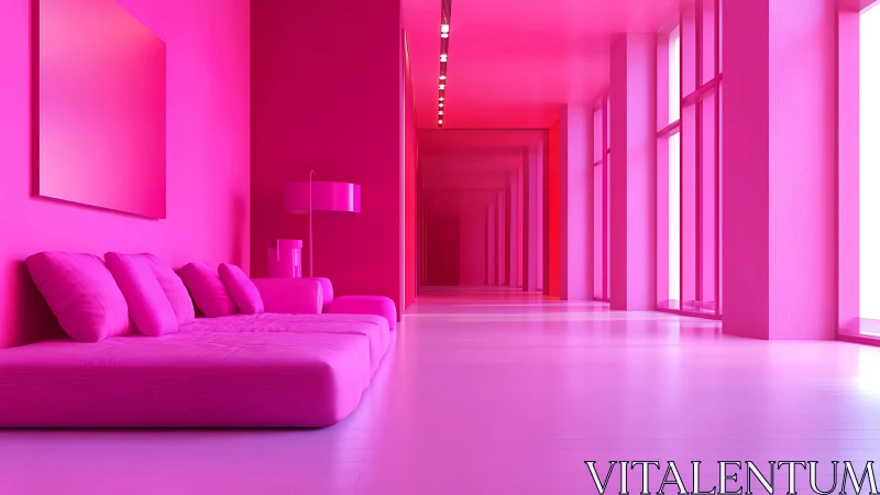 Monochrome pink lounge in long minimalist corridor.