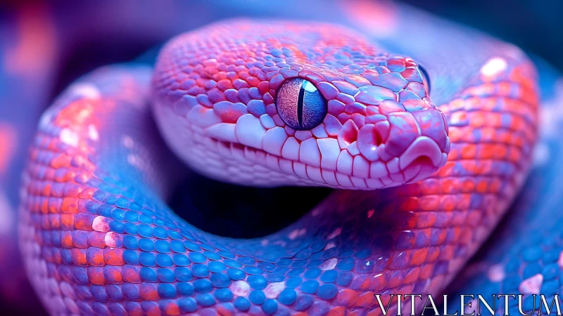 Iridescent neon snake coils in vivid close-up portrait.