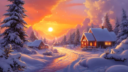 Snowy log cabins glow softly beneath a vivid winter sunset