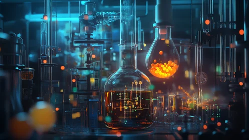 Futuristic chemical laboratory with glowing data-reactive flasks.
