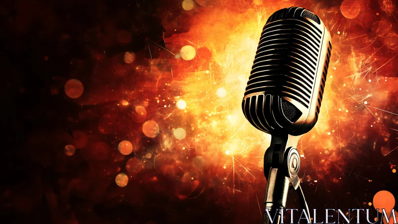Vintage microphone glows before explosive orange bokeh