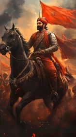 Armored rider in red leads cavalry through burning battlefield