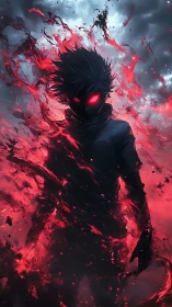 Shadowed warrior engulfed in crimson elemental fire surge.