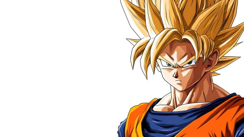 Spiky haired anime warrior portrait on white negative space