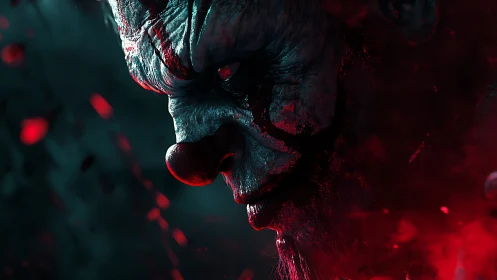 Sinister clown profile emerges from blood red shadows.