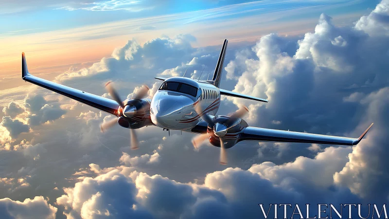 Sleek twin-engine aircraft cuts through glowing sunset clouds.