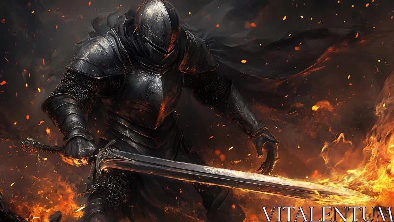 Armored dark knight advances through flames with blade drawn